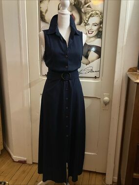 APRICOT Navy Sleeveless Button-Front Maxi Dress with Belt Linen blend